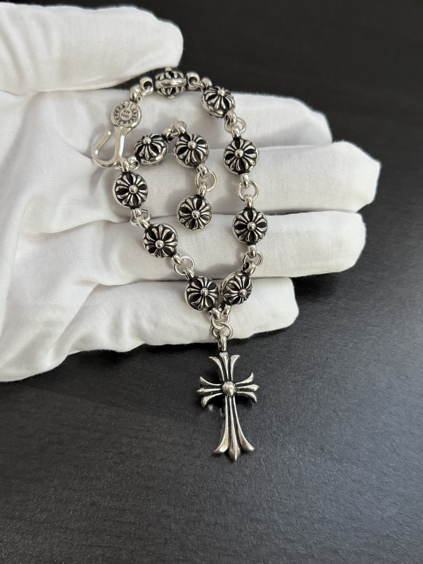 Chrome Hearts Silver Rosary Bracelet with Cross